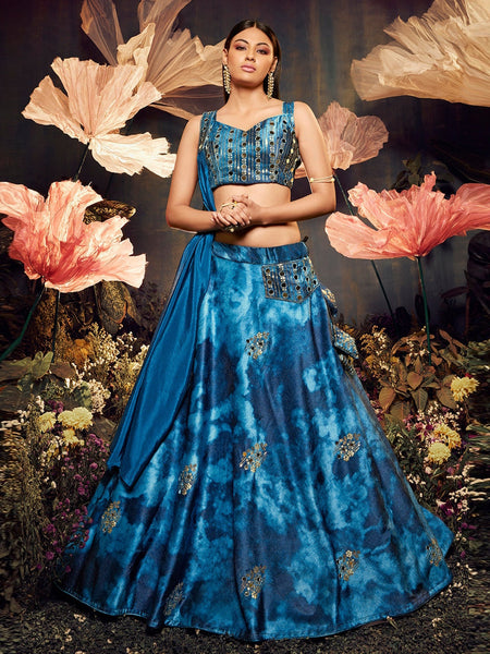 Blue Lehenga Choli - Velvet Sequins Embroidery