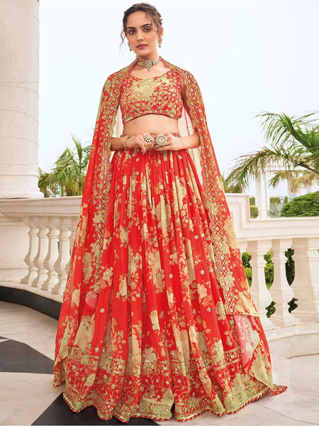 Red Lehenga Choli - Faux Georgette Embroidery