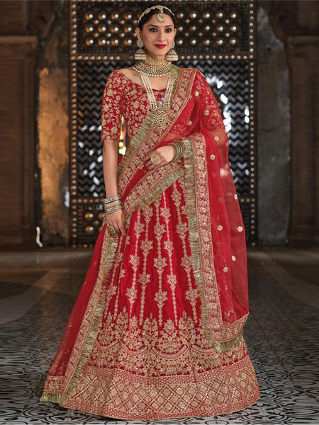 Red Lehenga Choli - Velvet & Net Embroidery