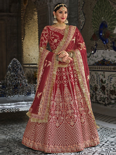 Red Lehenga Choli - Velvet & Net Embroidery