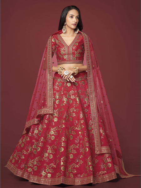 Red Lehenga Choli - Art Silk & Net Embroidery