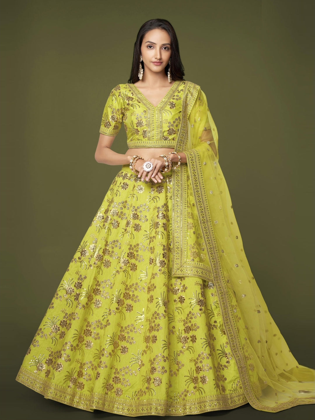 Neon Green Zari Sequins Dori Embroidered Flowy Modern Festive Wear Neon Green Zari Sequins Dori Embroidered Flowy Modern Festive Wear