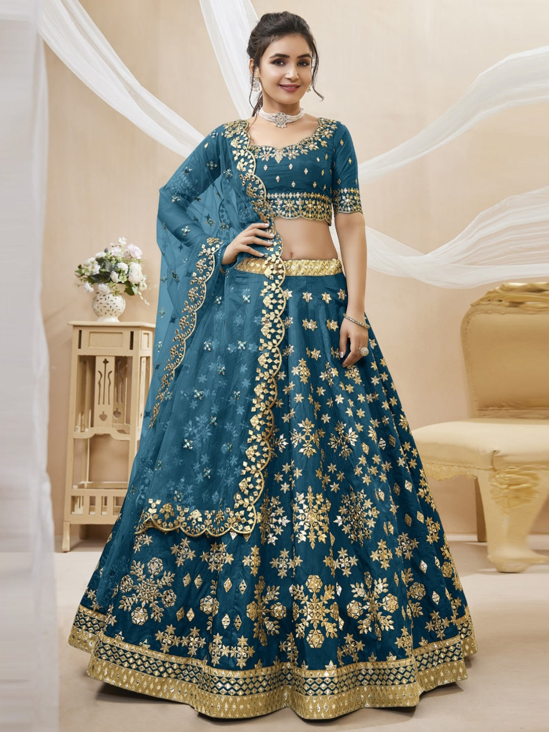 Embroidered art silk best sale lehenga