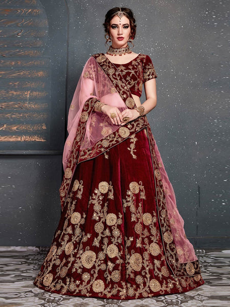Red Lehenga Choli - Velvet & Net Embroidery