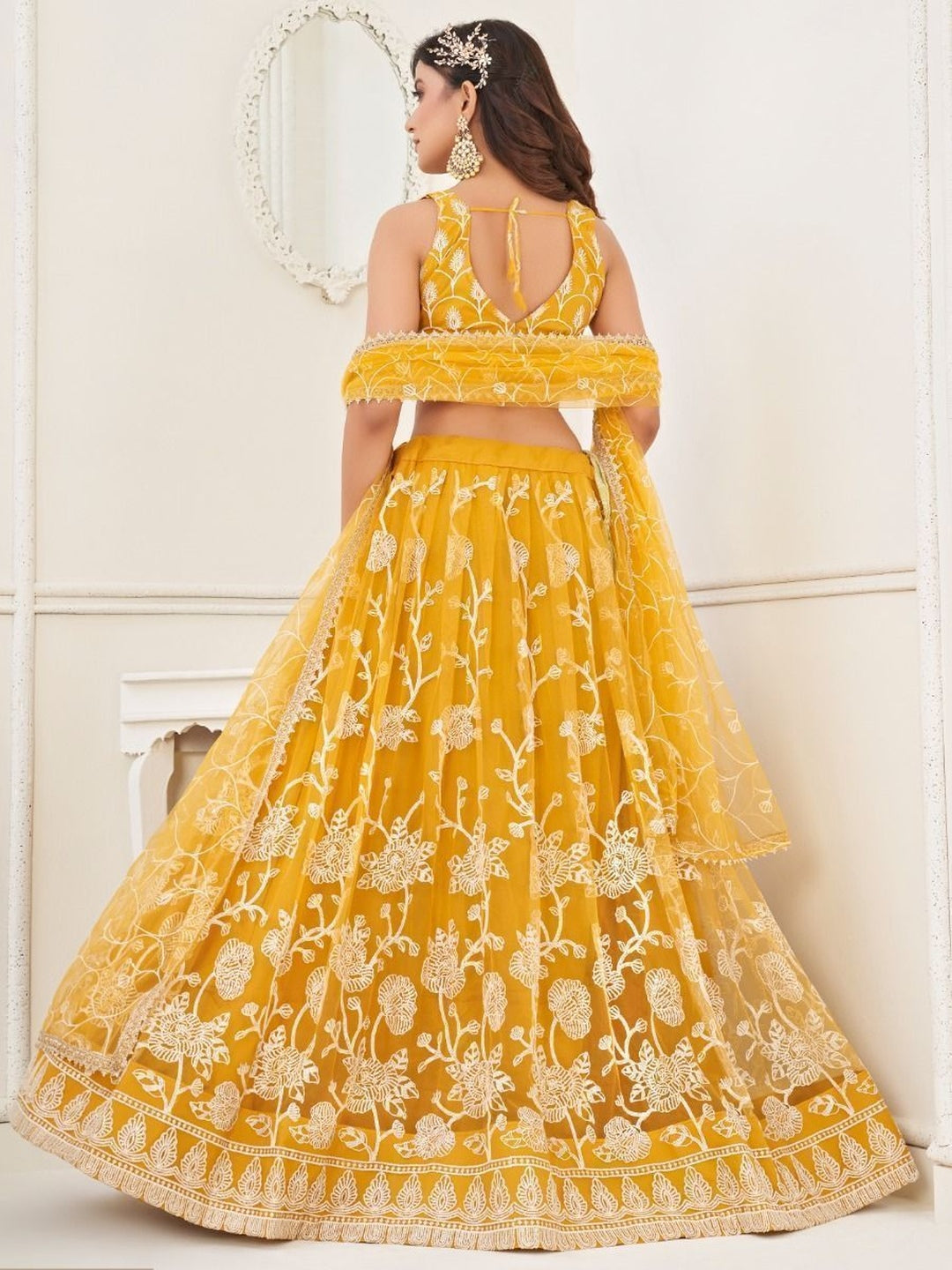 Mustard Yellow Net Sequins Embroidered Flowy Elegant Festive Wear Mustard Yellow Net Sequins Embroidered Flowy Elegant Festive Wear