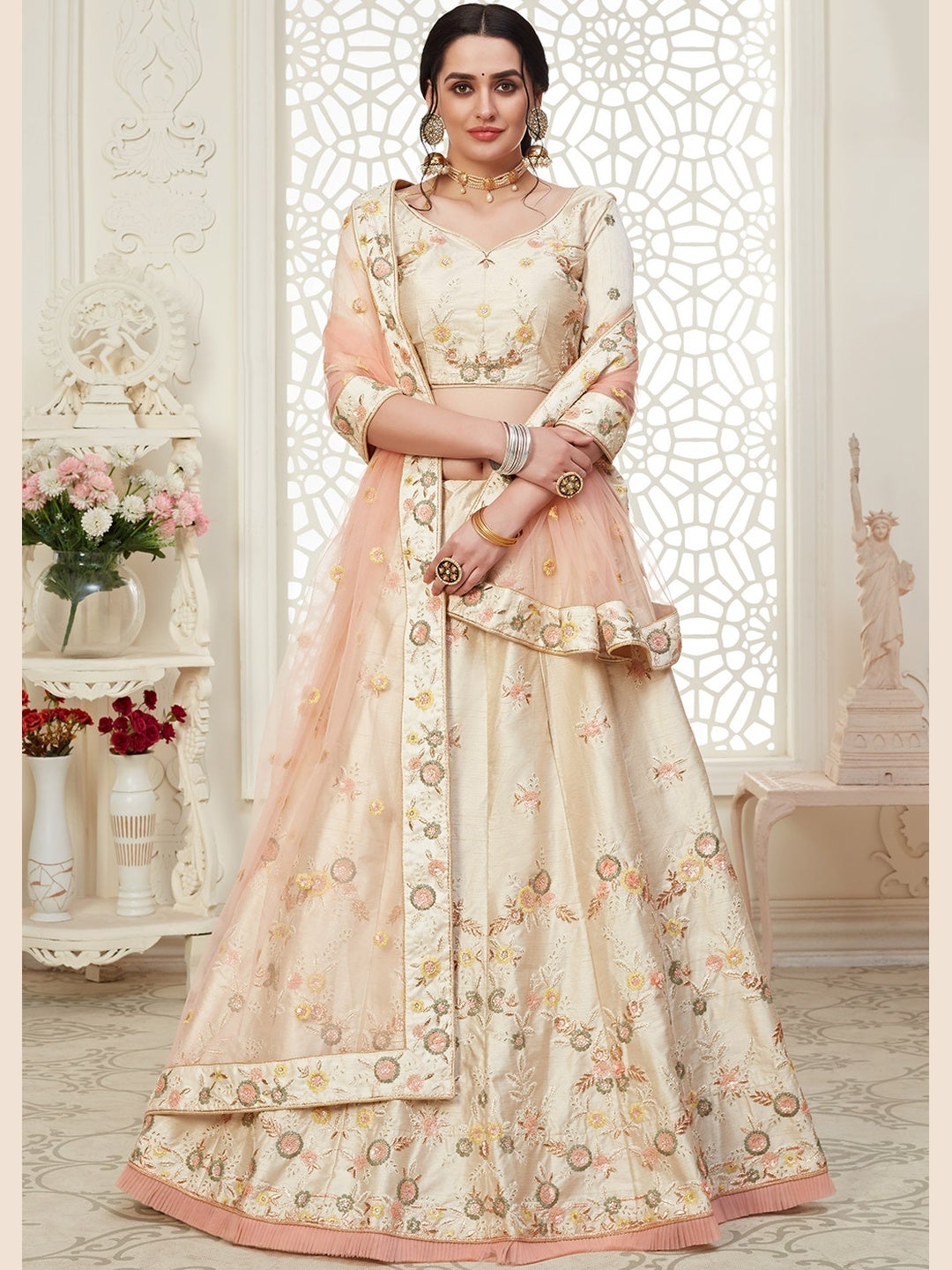 Cream Net Sequins Thread Embroidered Flowy Classic Engagement Wear