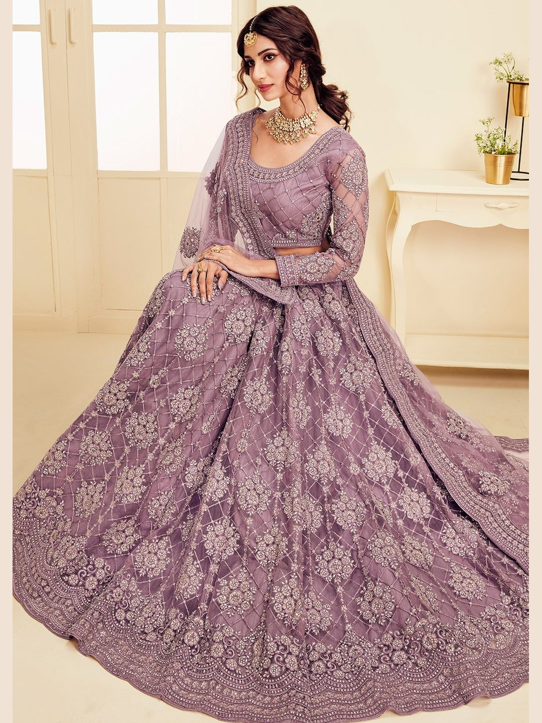 Violet Net Heavy Cording Embroidered Flowy Designer Festive Wear Violet Net Heavy Cording Embroidered Flowy Designer Festive Wear