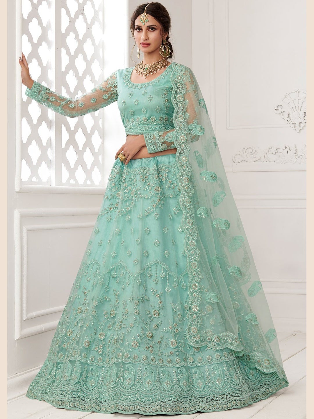 Turquoise Green Net Heavy Lehenga | Fabricoz USA Turquoise Green Net Heavy Lehenga | Fabricoz USA