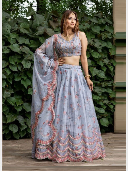 Blue Lehenga Choli - Embroidered Organza