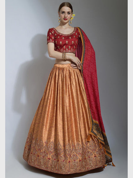 Red Lehenga Choli - Satin & Silk Embroidered