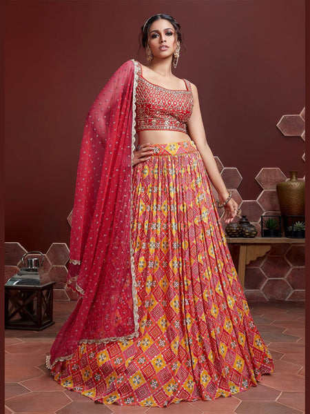 Red Lehenga Choli - Art Silk & Net Embroidery