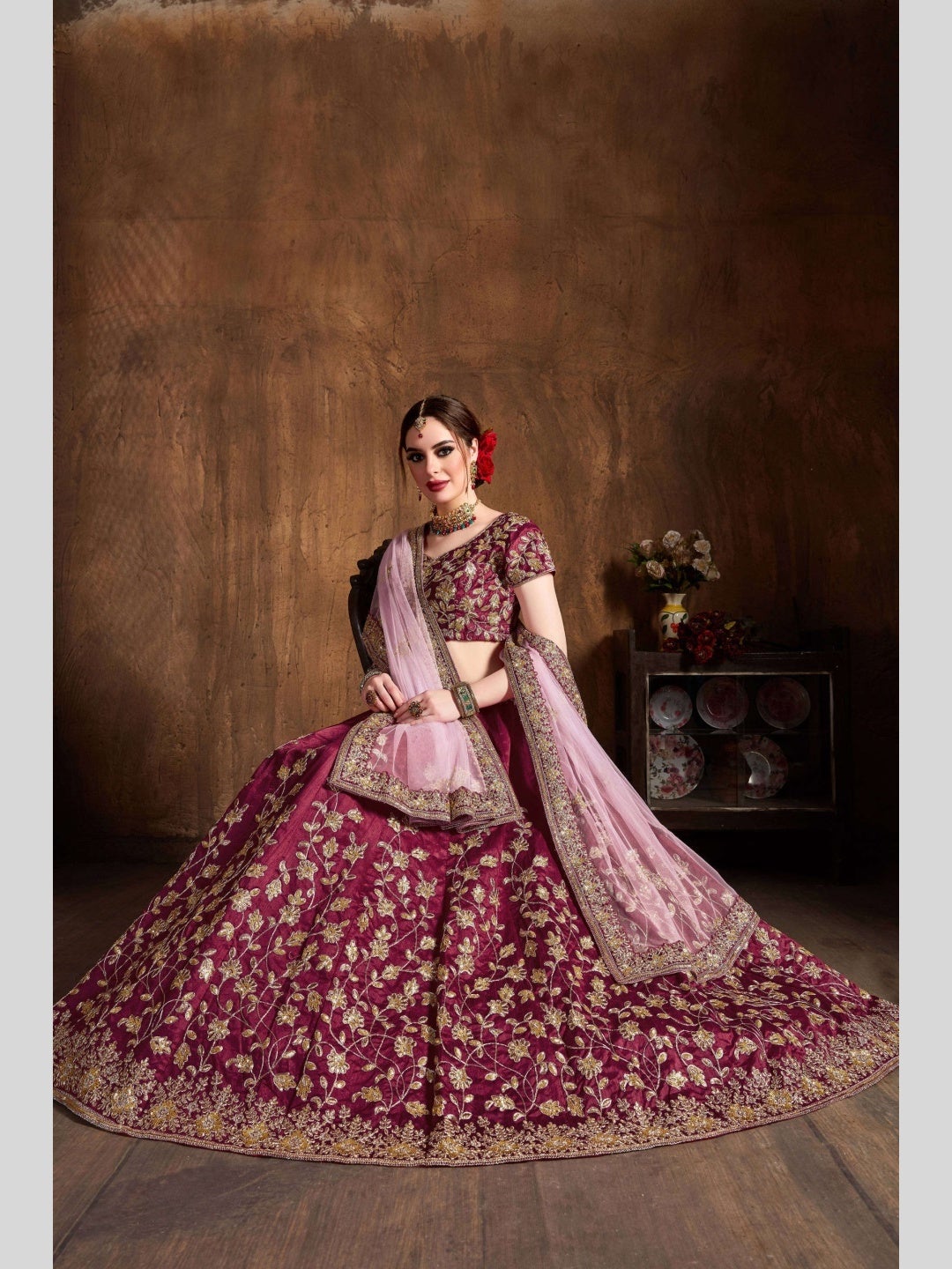 Wine Maroon Silk Zari Floral Embroidered Flowy Royal Wedding Wear Wine Maroon Silk Zari Floral Embroidered Flowy Royal Wedding Wear