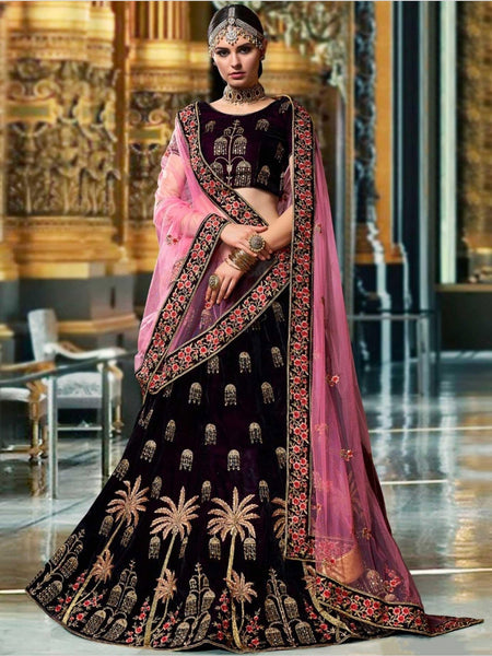 Brown Lehenga Choli - Velvet and Net Embroidery