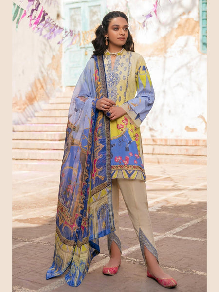 Yellow Pakistani Dress - Lawn & Chiffon Embroidery