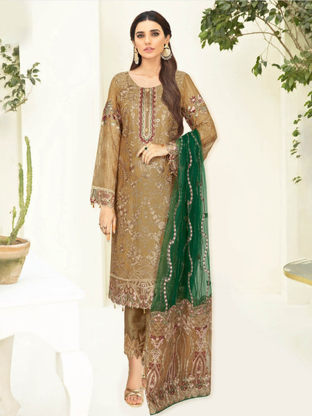 Golden Salwar Kameez - Embroidered Chiffon