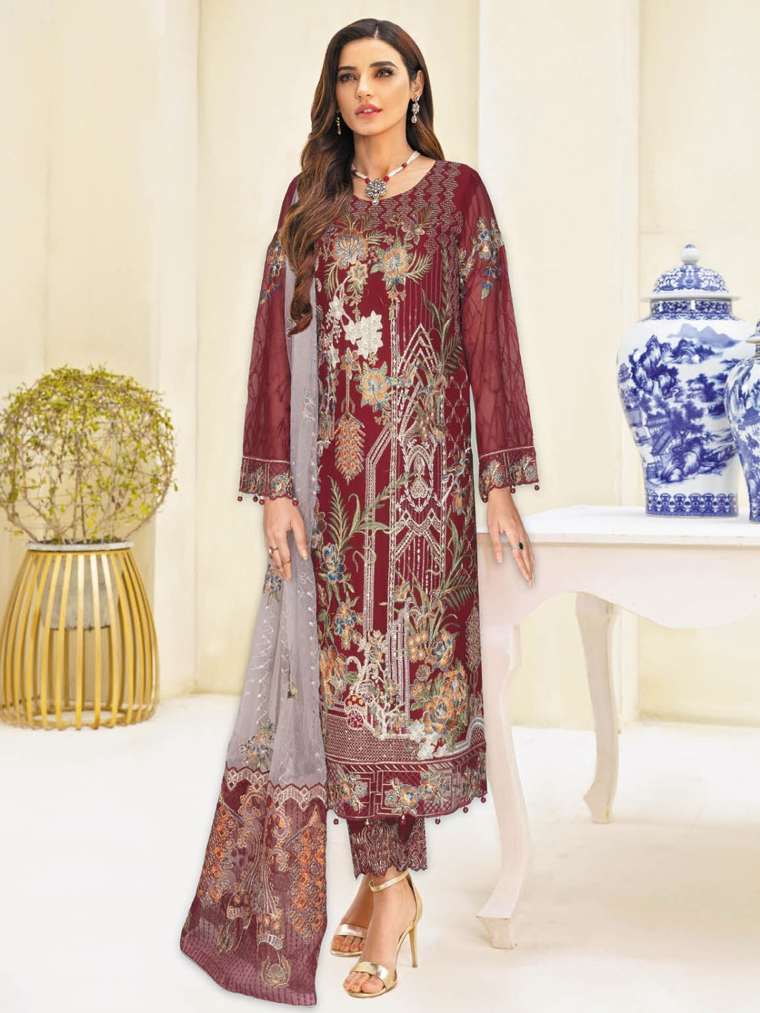 Red Embroidered Chiffon
