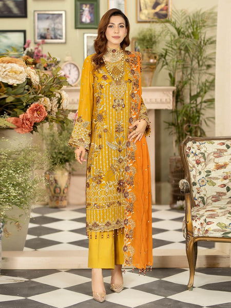 Orange Pakistani Dress - Designer Embroidered Chiffon