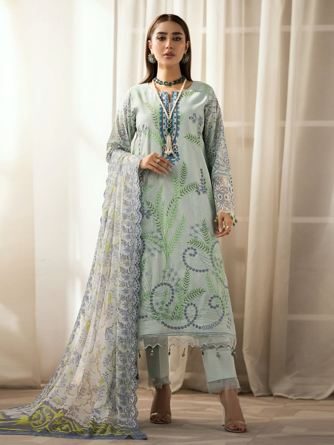 Green Embroidered Cambric Chikankari Green Embroidered Cambric Chikankari