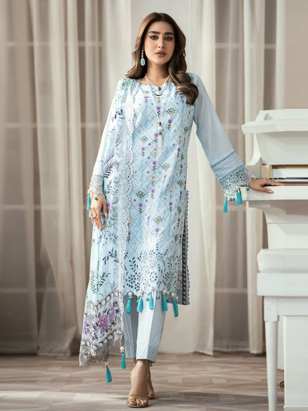 Blue Pakistani Dress - Embroidered Cambric Chikankari