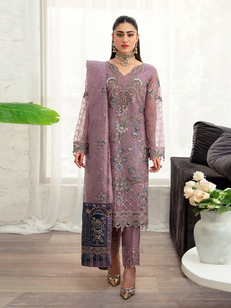 Purple Pakistani Dress - Embroidered Organza Premium