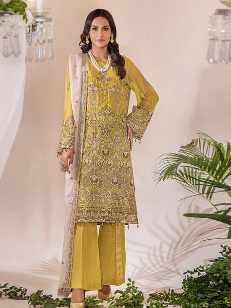 Yellow Pakistani Dress - Lueur Embroidered Chiffon