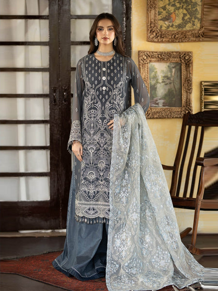 Grey Salwar Kameez - Deluxe Embroidered Chiffon