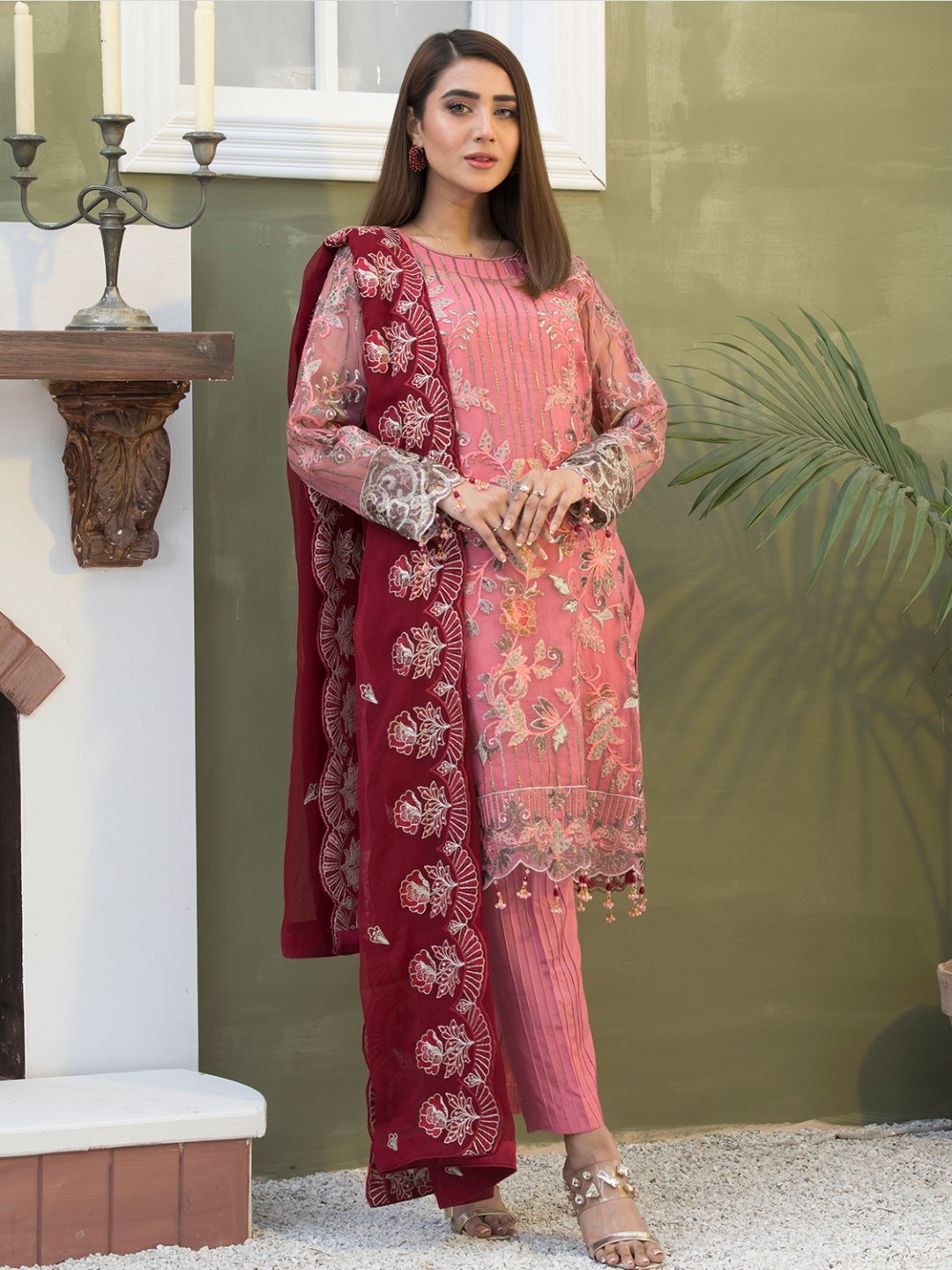 Pakistani Dress Pink On Organza & Silk Pakistani Dress Pink On Organza & Silk