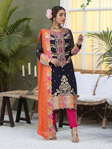 Casual Pakistani Dress - Embroidery on Chiffon & Silk