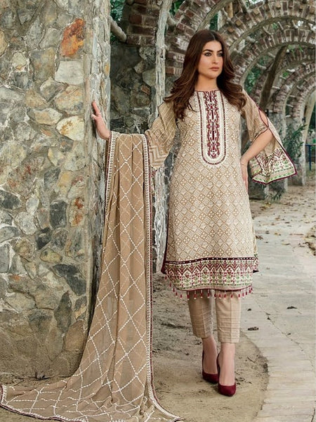 Brown Pakistani Dress - Embroidered Lawn & Chiffon
