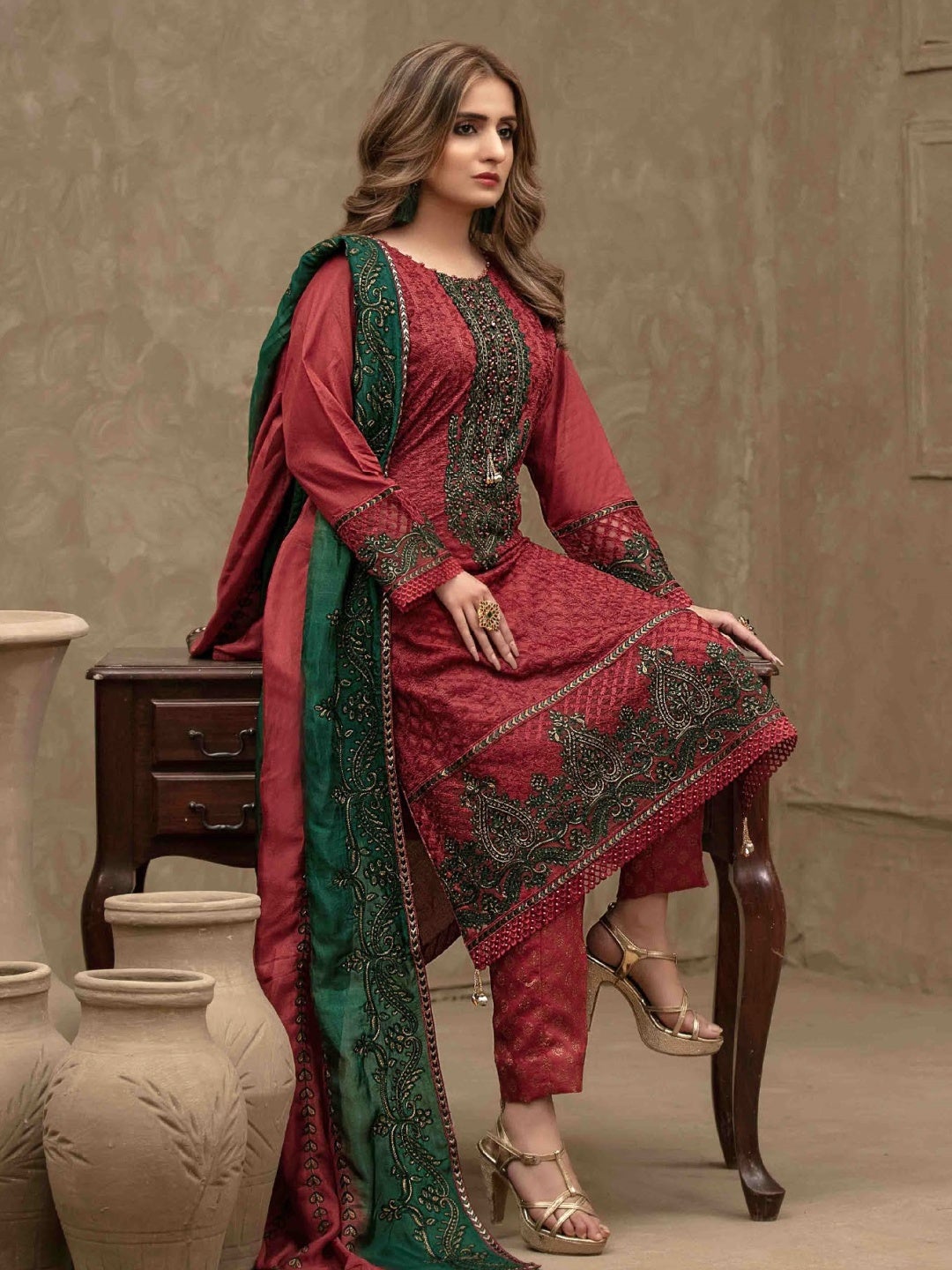 Red Aari Embroidered Lawn Red Aari Embroidered Lawn