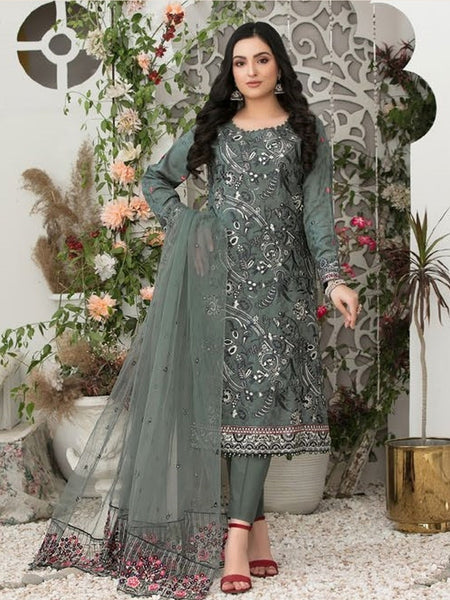 Grey Salwar Kameez - Heavy embroidered Jacquard