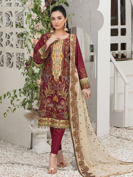 Red Pakistani Dress - Heavy embroidered Jacquard