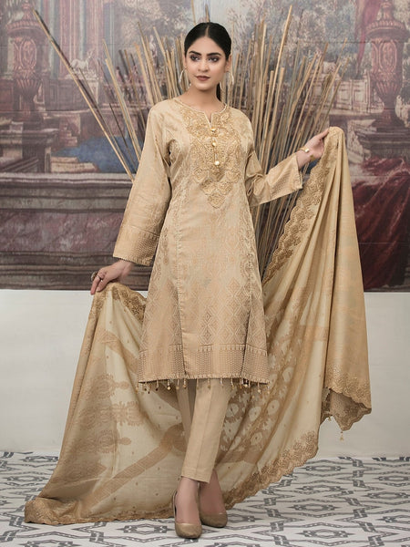 Golden Salwar Kameez - Embroidered Banarsi Lawn
