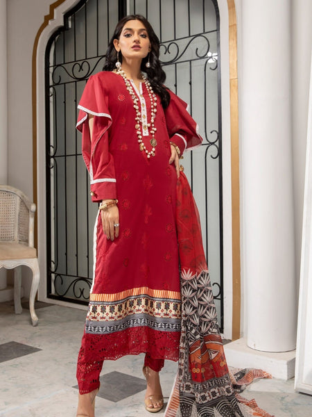 Red Pakistani Dress - Schiffli Embroidered Chiken Kari