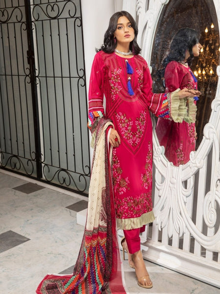 Red Pakistani Dress - Schiffli Embroidered Chiken Kari