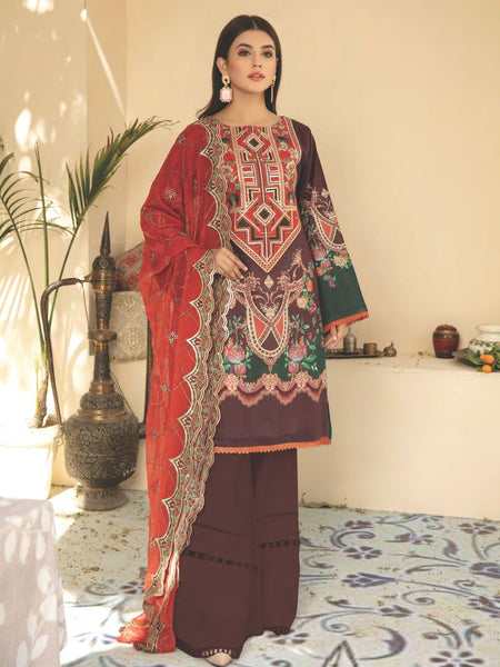 Brown Pakistani Dress - Embroidered Lawn & Chiffon