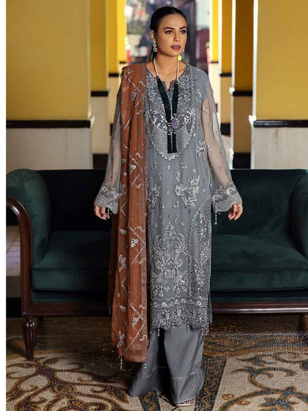 Grey Salwar Kameez - Luxury Chiffon Embroidery