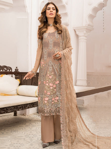Brown Pakistani Dress - Luxury Embroidered Chiffon