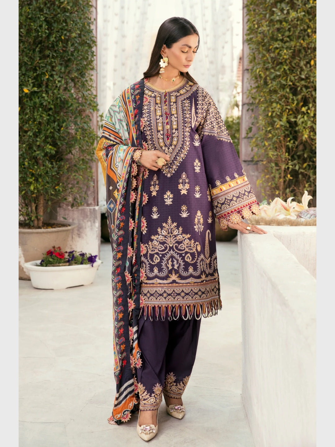baroque embroidered dress Baroque Embroidered Lawn EL-D01 Premium Unstitched Dress for Women. Floral Embroidery, Lace Detailing, Festive Outfit thegarmentstreet