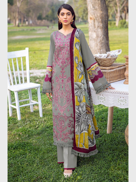 Grey Salwar Kameez - Luxury Lawn & Chiffon Embroidered