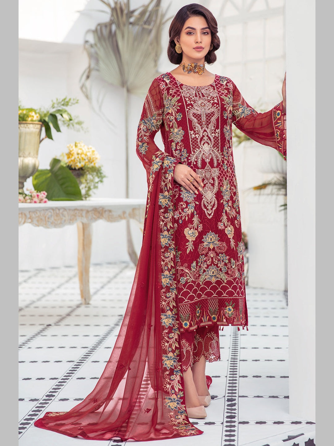 Red Designer Embroidered Chiffon Red Designer Embroidered Chiffon
