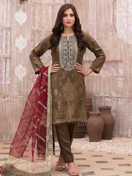 Brown Pakistani Dress - Viscose Broshia Embroidery