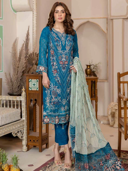 Blue Pakistani Dress - Embroidery on Chiffon