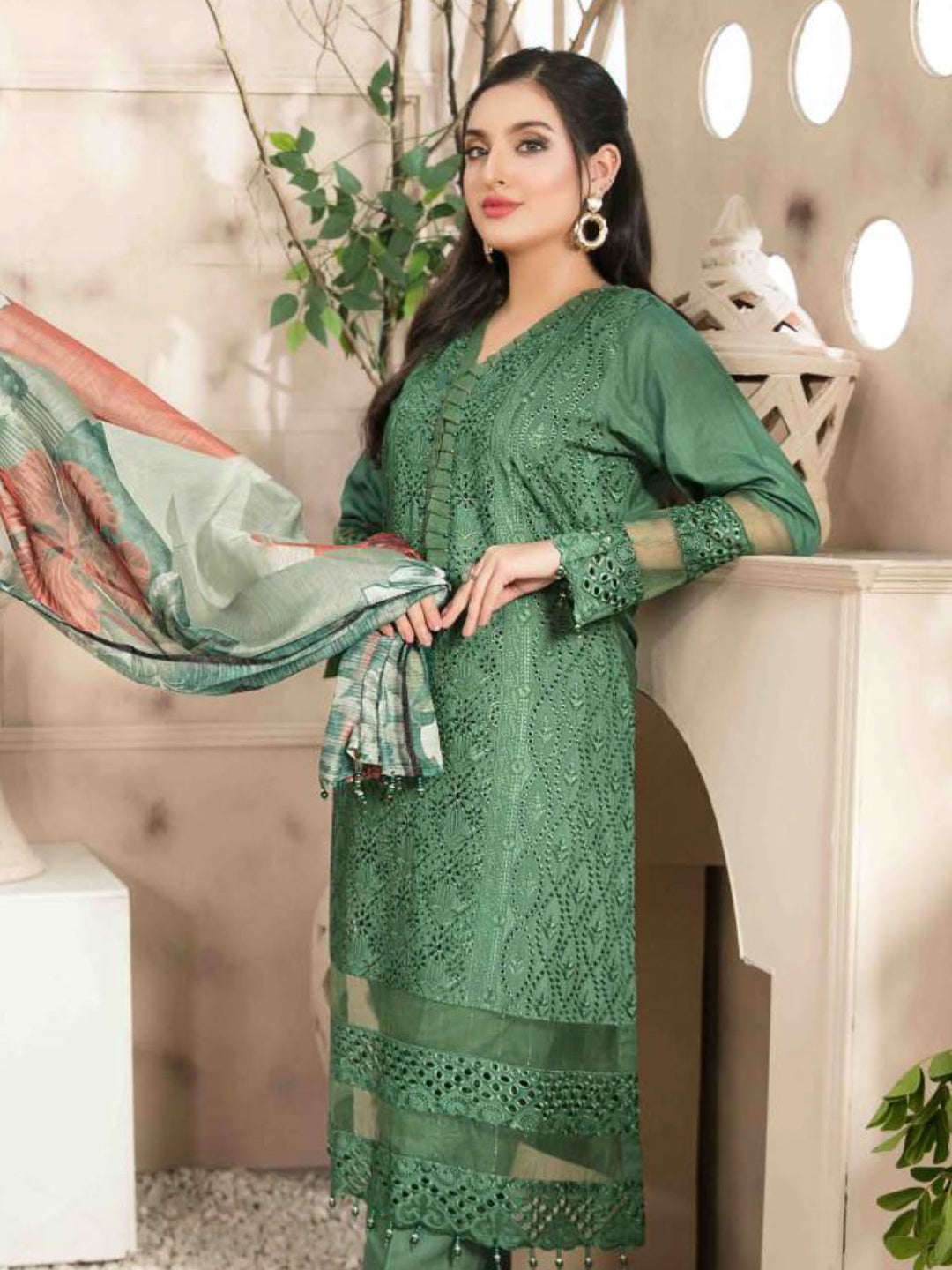 Green Schiffli Embroidered Viscose Green Schiffli Embroidered Viscose