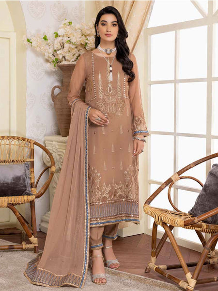 Brown Pakistani Dress - Embroidered Polly Chiffon