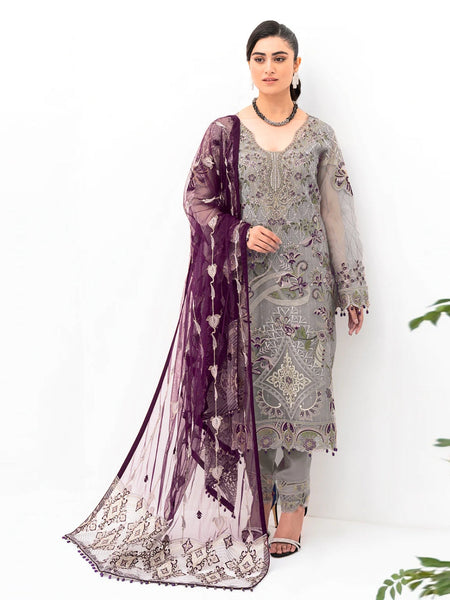 Grey Salwar Kameez - Embroidered Luxe Organza