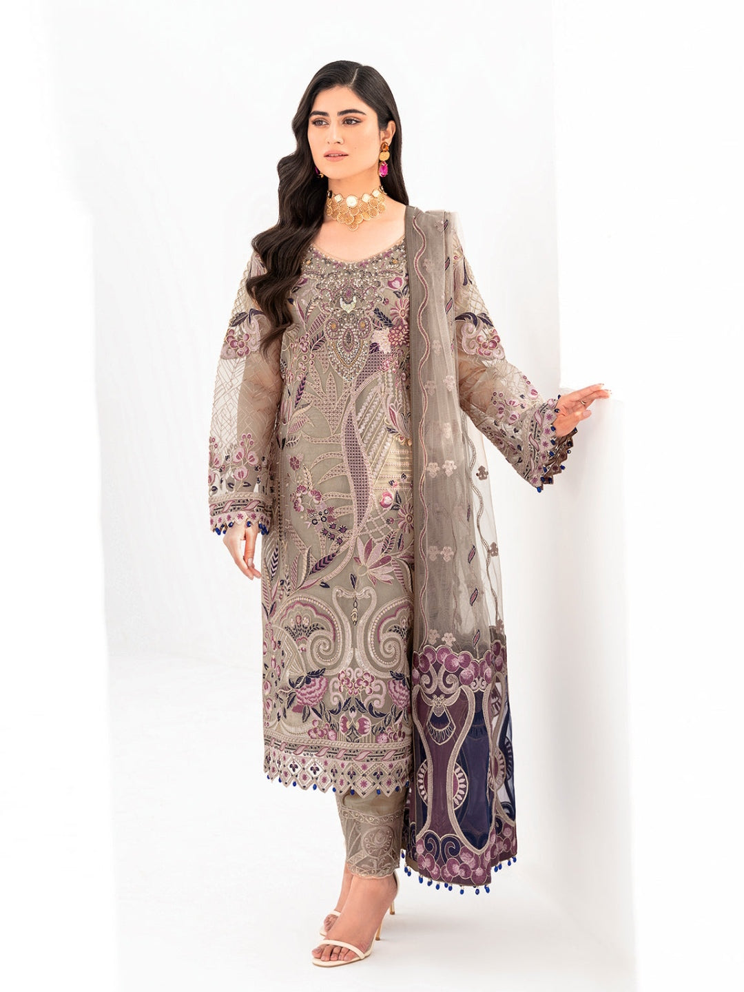 green emerald velvet dress Chamak Grey Shadmani Embroidered Formal Dress