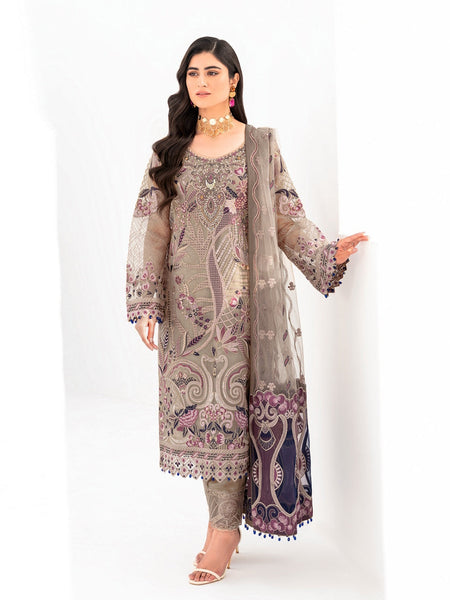 Grey Salwar Kameez - Embroidered Luxe Organza