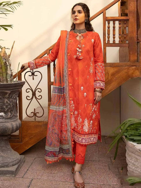 Orange Pakistani Dress - Embroidered Lawn & Net