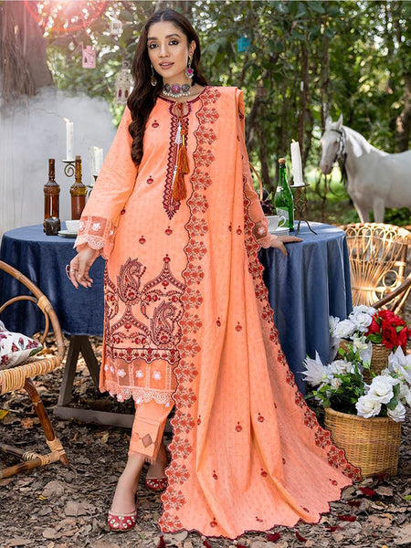 Orange Pakistani Dress - Embroidered Jacquard Sequins